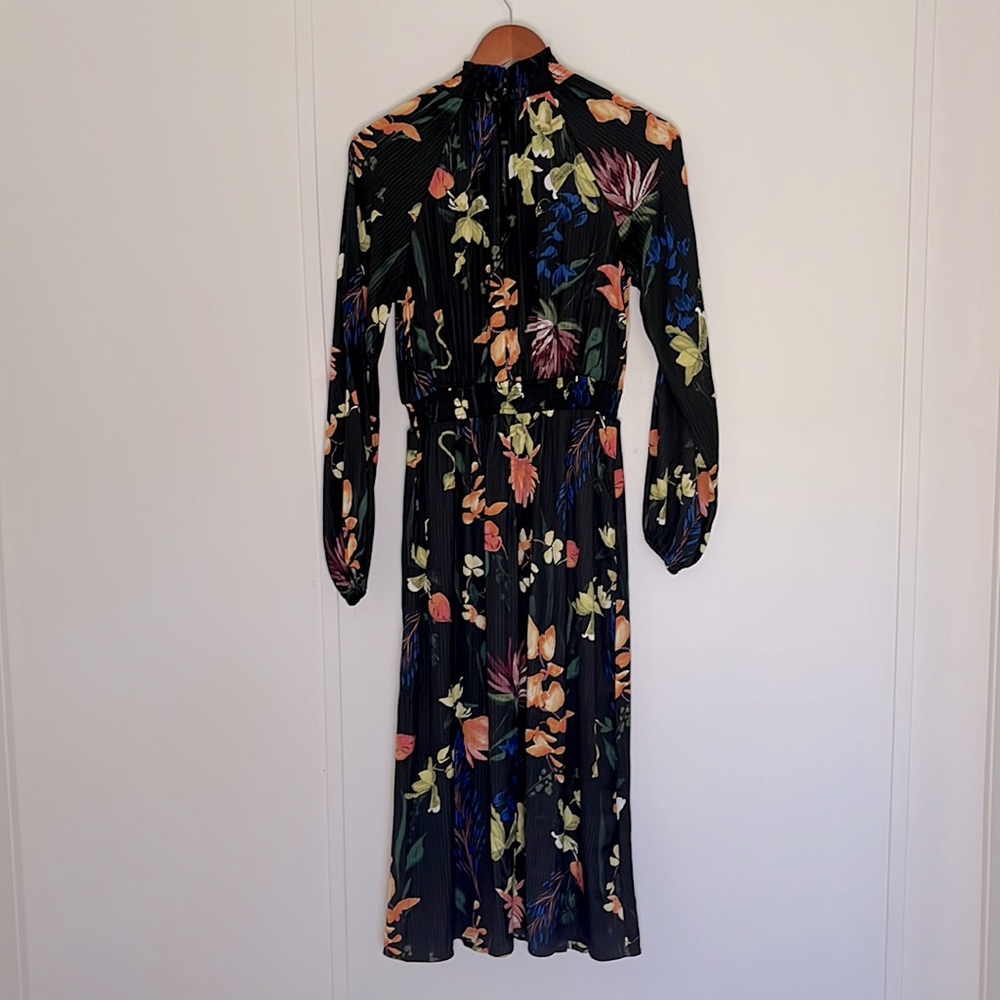 SOLD a new day Midi Dress Long Sleeve Womens XS Black Vibrant Floral Smocked - Picture 3 of 5